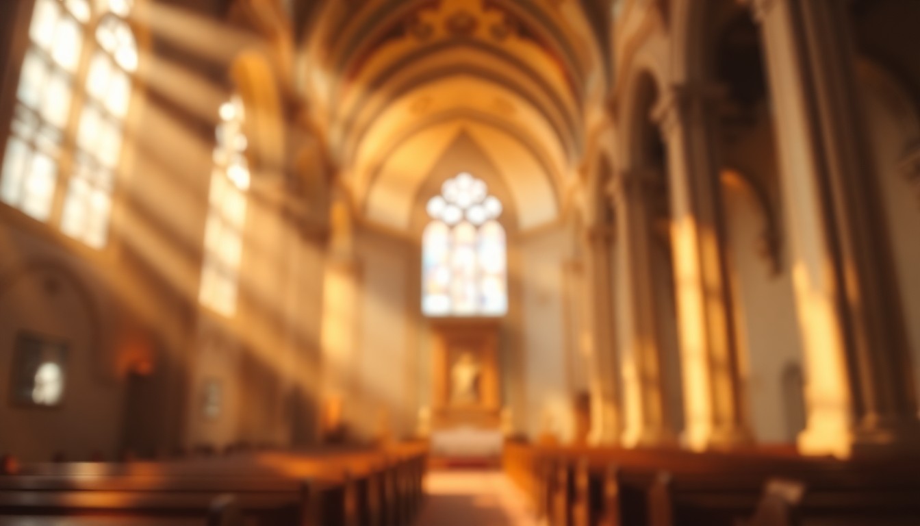 An abstract, impressionistic photograph of a church interior, with blurred shapes and muted colors creating a serene, spiritual mood.
