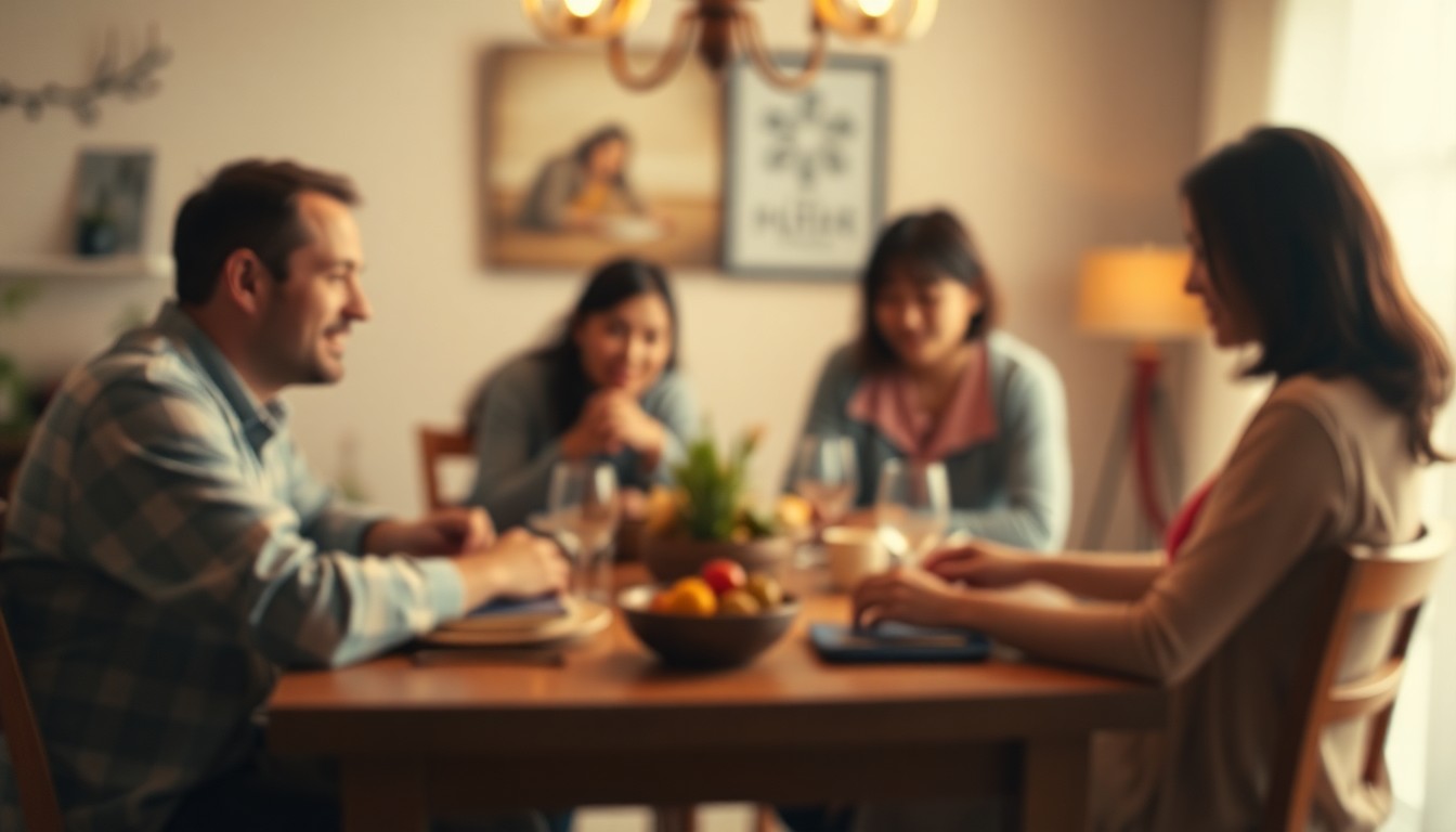 An extremely abstracted, out-of-focus photograph in soft pools of warm color and light, depicting the conceptual idea of a cozy family gathering around a table, conveying a sense of nostalgia and intimacy.