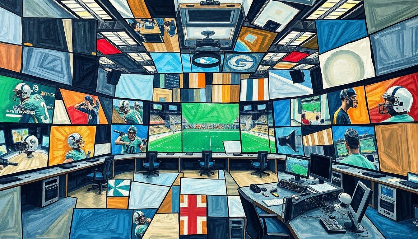A cubist, geometric painting depicting a fragmented and deconstructed sports broadcast studio, with overlapping planes of color and shape representing the complex challenges facing the industry.