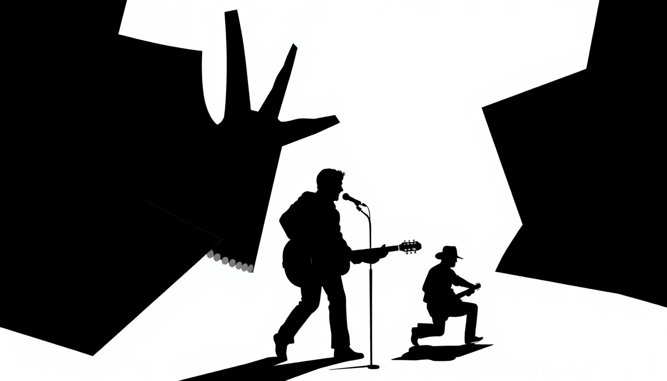 An abstract, minimalist illustration featuring sharp, jagged black silhouettes and geometric shapes in a high-contrast composition, conceptually representing the country music legacy of Ray Stevens.