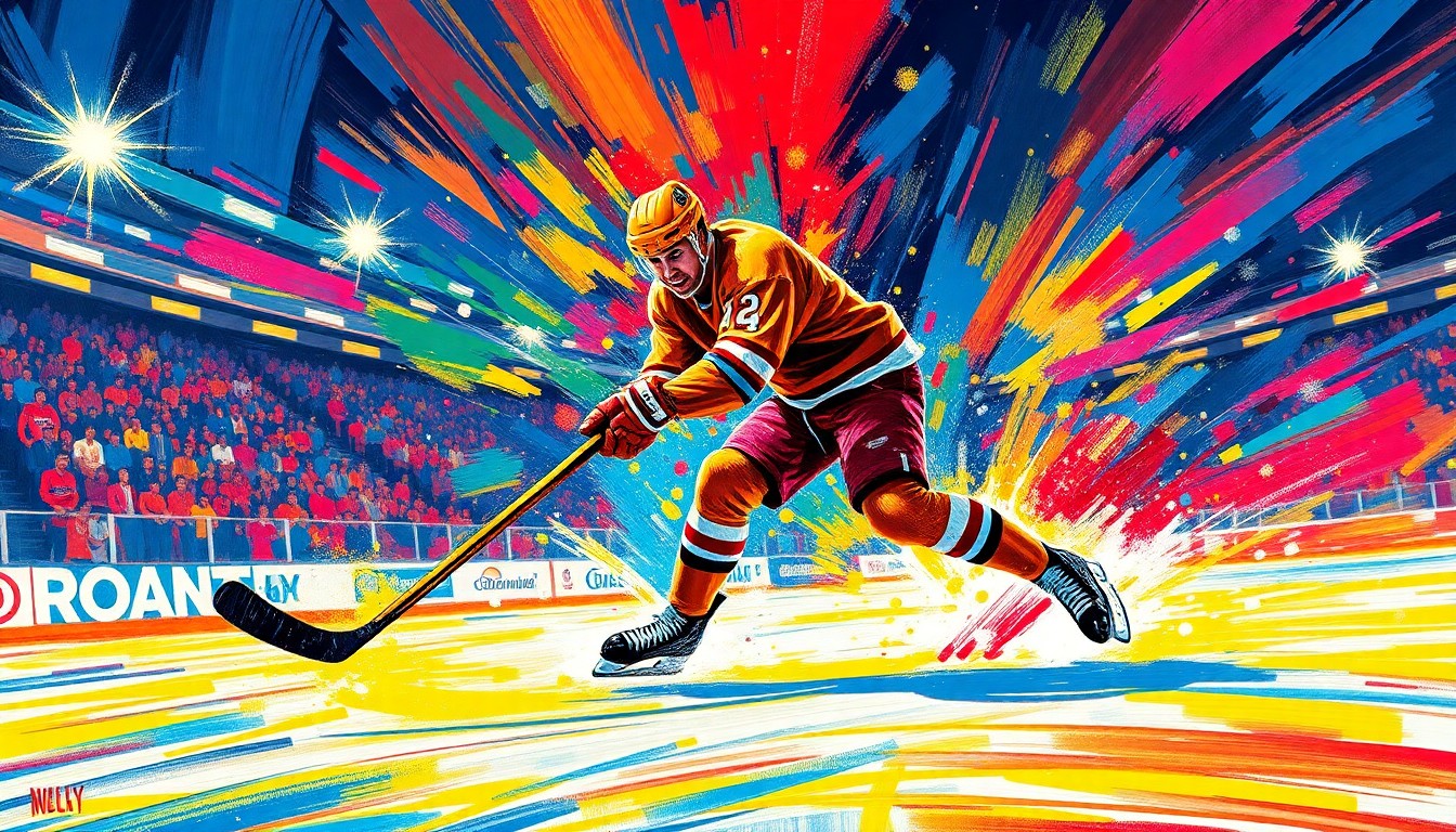 An abstract, expressionist painting in neon colors depicting the dynamic motion and energy of a hockey player scoring a goal, conveying the excitement and significance of Cole Caufield's quest to reach the 50-goal mark.
