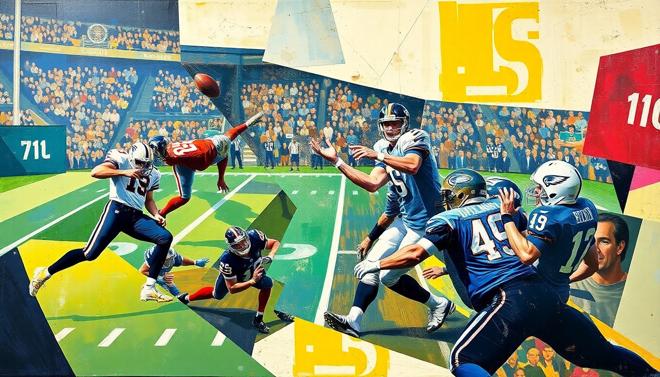 A fragmented, geometric painting depicting a quarterback in motion, with overlapping planes and shapes representing the various elements that influenced Cousins' choice to join the Raiders.
