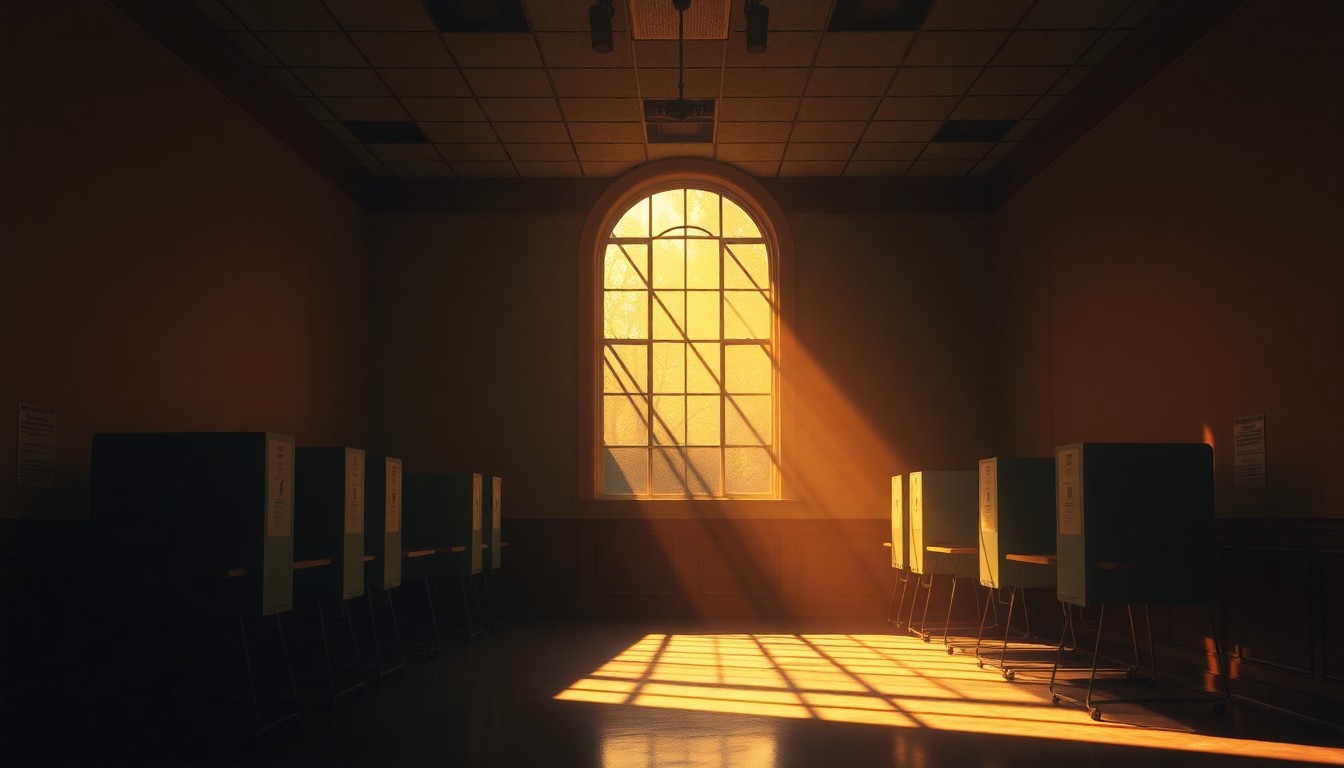 A serene, painterly interior scene of an empty polling station, with warm natural light streaming in through the windows and creating deep shadows, conveying the quiet importance of the democratic process.