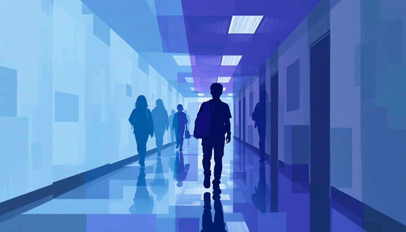 A fractured, abstract painting in shades of blue, purple, and grey depicting the silhouette of a student walking down a school hallway, with the figure repeated and distorted to convey a sense of motion and instability.