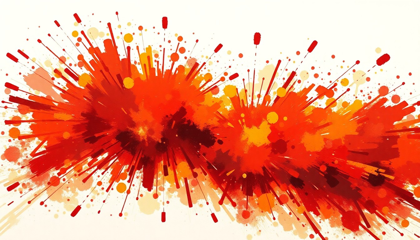 A vibrant, abstract painting of an exploding firework, with the bursts of color repeating and overlapping in a sense of motion, conceptually representing the dangers of illegal fireworks in the community.