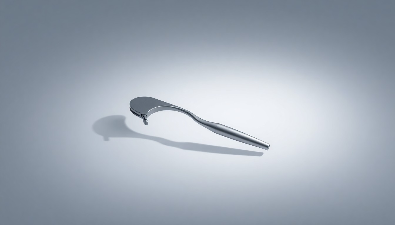 A highly polished, metallic medical device or diagnostic tool floating on a clean, white background, captured in a dramatic studio lighting setup that emphasizes the object's precision and innovation.