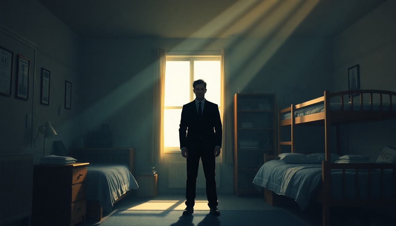 A cinematic painting of a solitary figure in a dark suit standing alone in a dimly lit college dorm room, bathed in warm, diagonal sunlight and deep shadows, conveying a sense of isolation and a desire for attention.