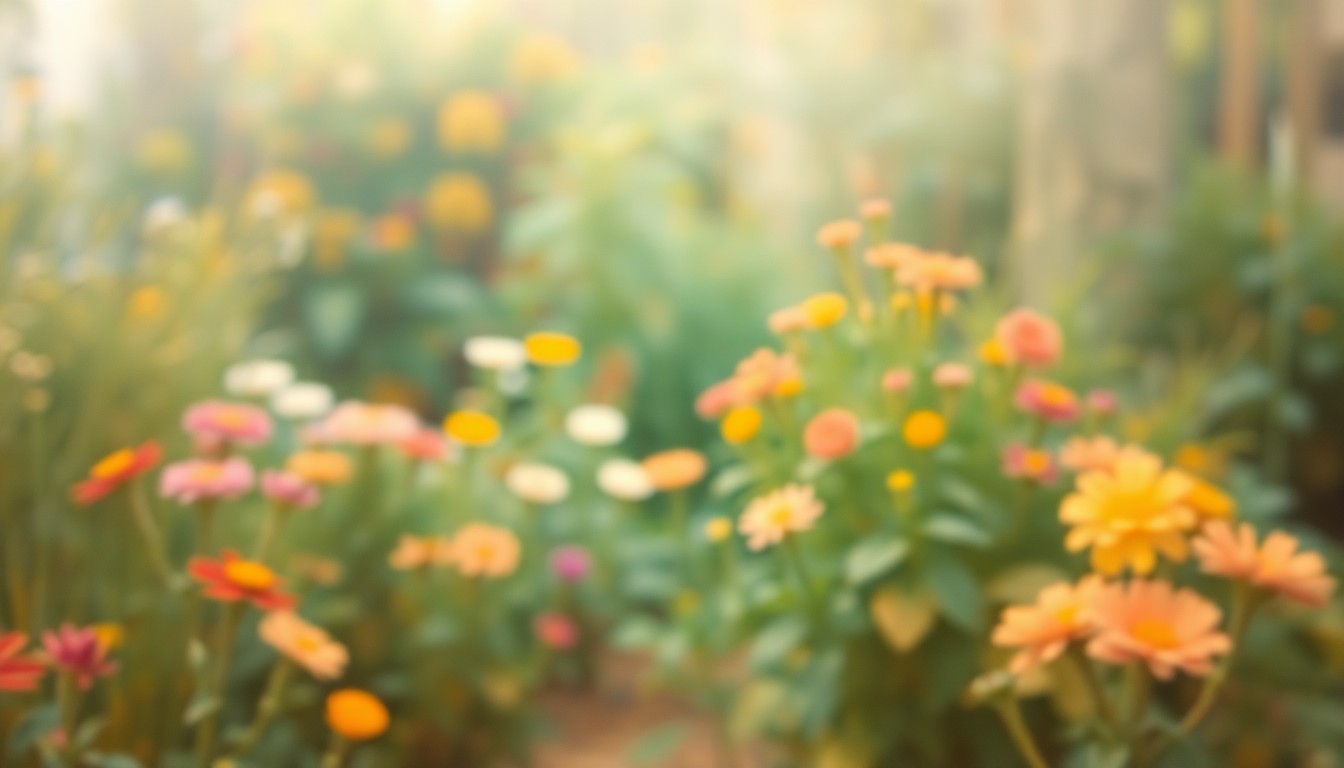 An extremely blurred, impressionistic photograph of a lush garden in soft, warm tones, conveying a sense of serenity and nurturing that reflects the life and legacy of Patsy Moody.