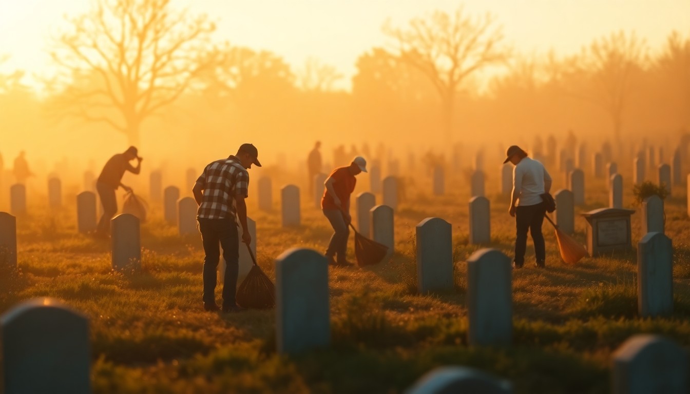 An abstract, impressionistic scene of people working together in a cemetery, with blurred figures and soft, warm lighting creating a peaceful, community-focused atmosphere.
