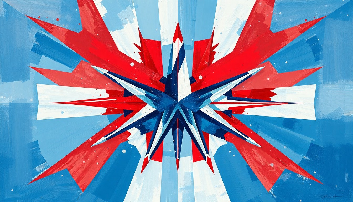 A cubist, geometric painting depicting the U.S. Air Force Thunderbirds' fighter jets in a fractured, multi-angled aerial display, with red, white, and blue shapes overlapping to capture the energy and precision of their performance.