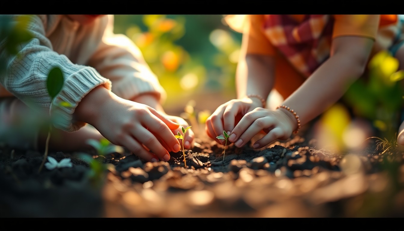 An abstract, out-of-focus photograph showing children's hands planting seeds in a garden, with warm pools of light and color creating a dreamlike, immersive atmosphere that captures the educational experience of the mobile classroom.