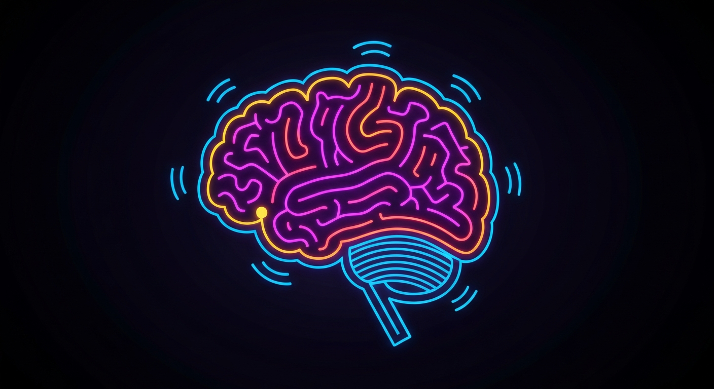 A glowing, neon-outlined illustration of a brain structure, conceptually representing the psychiatrist's discovery of mental health lessons in TV and film.