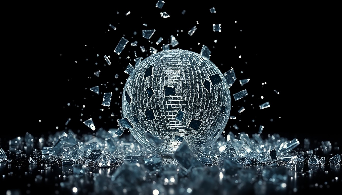 An abstract close-up photograph of shattered glass fragments reflecting dramatic studio lighting, conveying the fragility and intensity of celebrity culture.