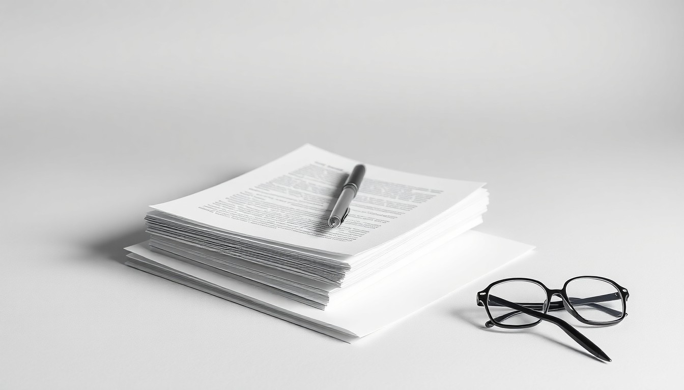 A minimalist studio still life featuring a stack of legal documents, a pen, and a pair of reading glasses, conveying the abstract concepts of corporate strategy and complex litigation.