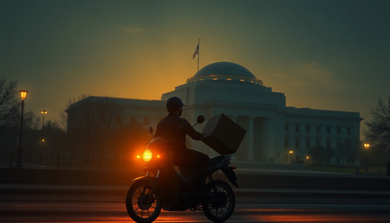 A cinematic painting depicting a lone delivery person on a motorbike carrying pizza boxes, passing by the looming shadow of the Pentagon building in the background, bathed in warm, diagonal sunlight and deep shadows, conceptually representing the close monitoring of pizza delivery data as a potential indicator of major news events.