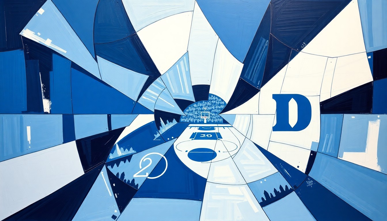 A fragmented, geometric painting depicting a college basketball game or competition between North Carolina and Duke, with sharp planes of navy blue, light blue, and white colors representing the two teams' rivalry and the Tar Heels' struggle to keep pace.