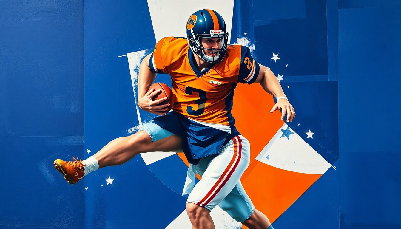 A fragmented, geometric painting depicting a football player in motion, with sharp planes of navy blue, orange, and white intersecting to capture the player's dynamic movements.