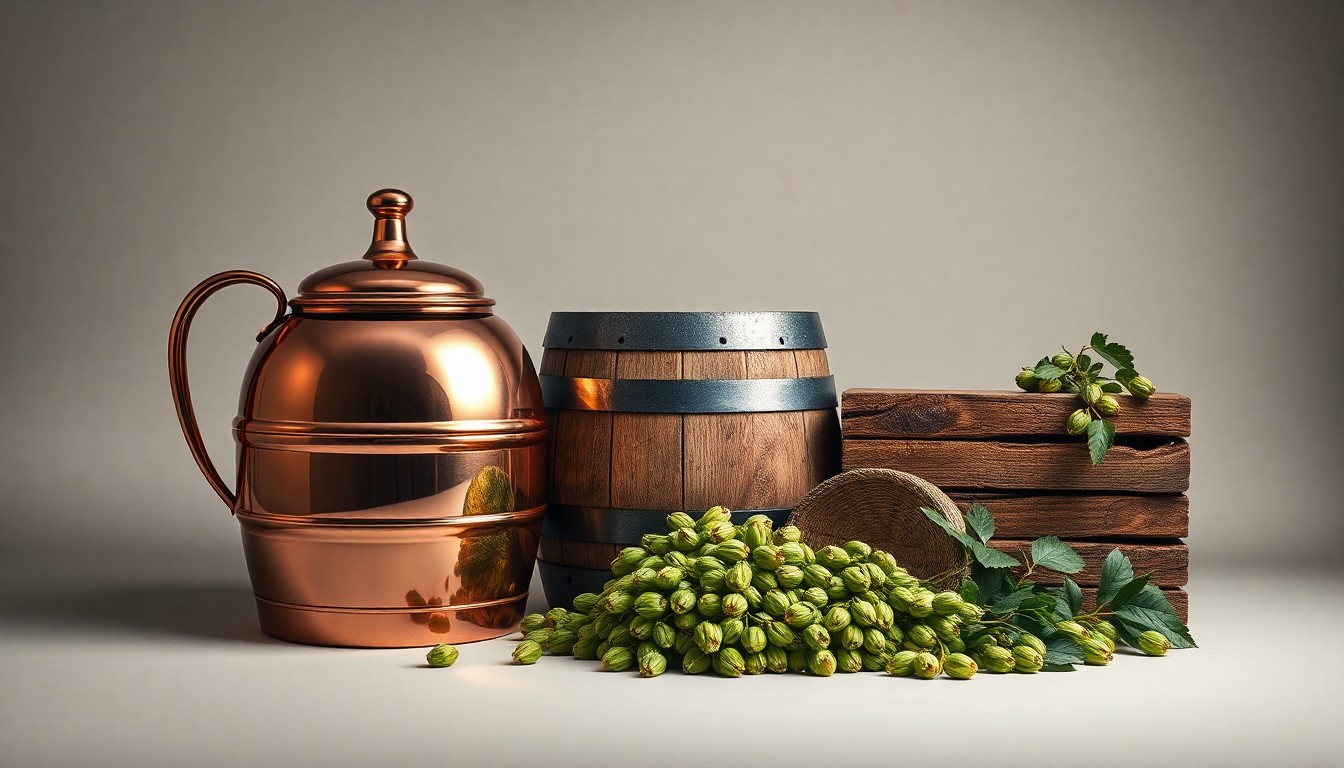 A high-end, photorealistic studio still-life photograph featuring a collection of premium, polished objects related to craft brewing, including a gleaming copper brew kettle, oak barrel staves, and freshly harvested hops, arranged elegantly on a clean, monochromatic background with dramatic studio lighting and deep shadows.