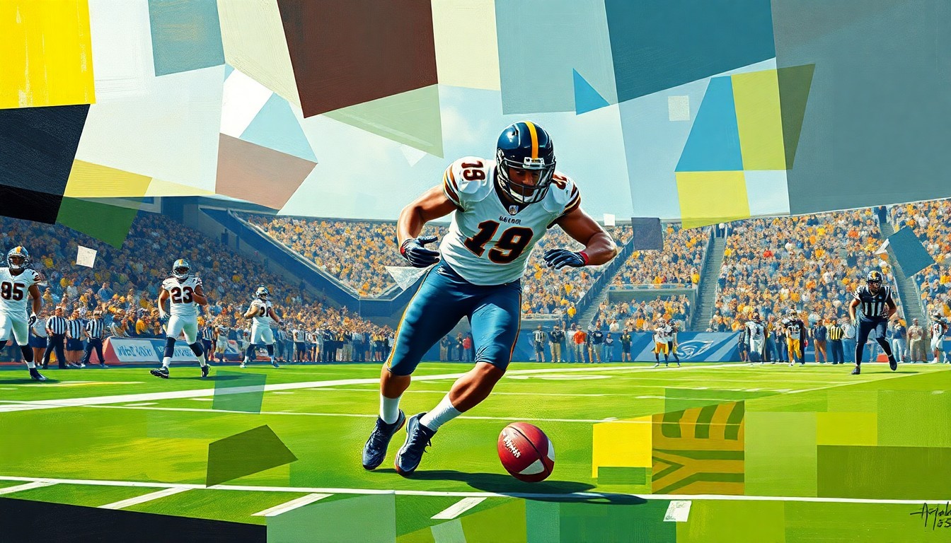 A cubist-style painting depicting a defensive back making a play on the football field, with the player's body and the ball broken down into sharp, overlapping geometric shapes in a range of earthy browns, grays, and blues.