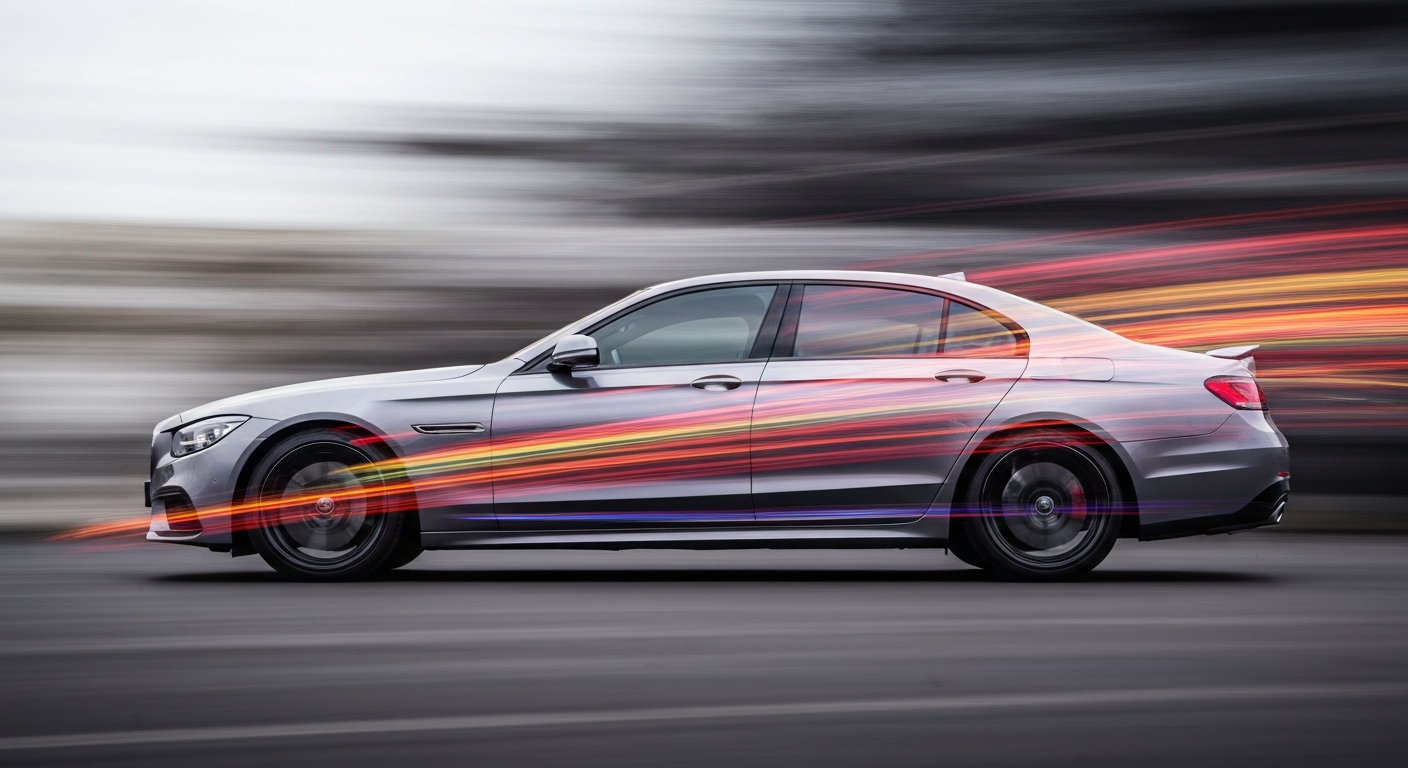 An abstract, blurred image of a luxury sedan in motion, with streaks of vibrant colors representing the speed and power of modern automotive design.