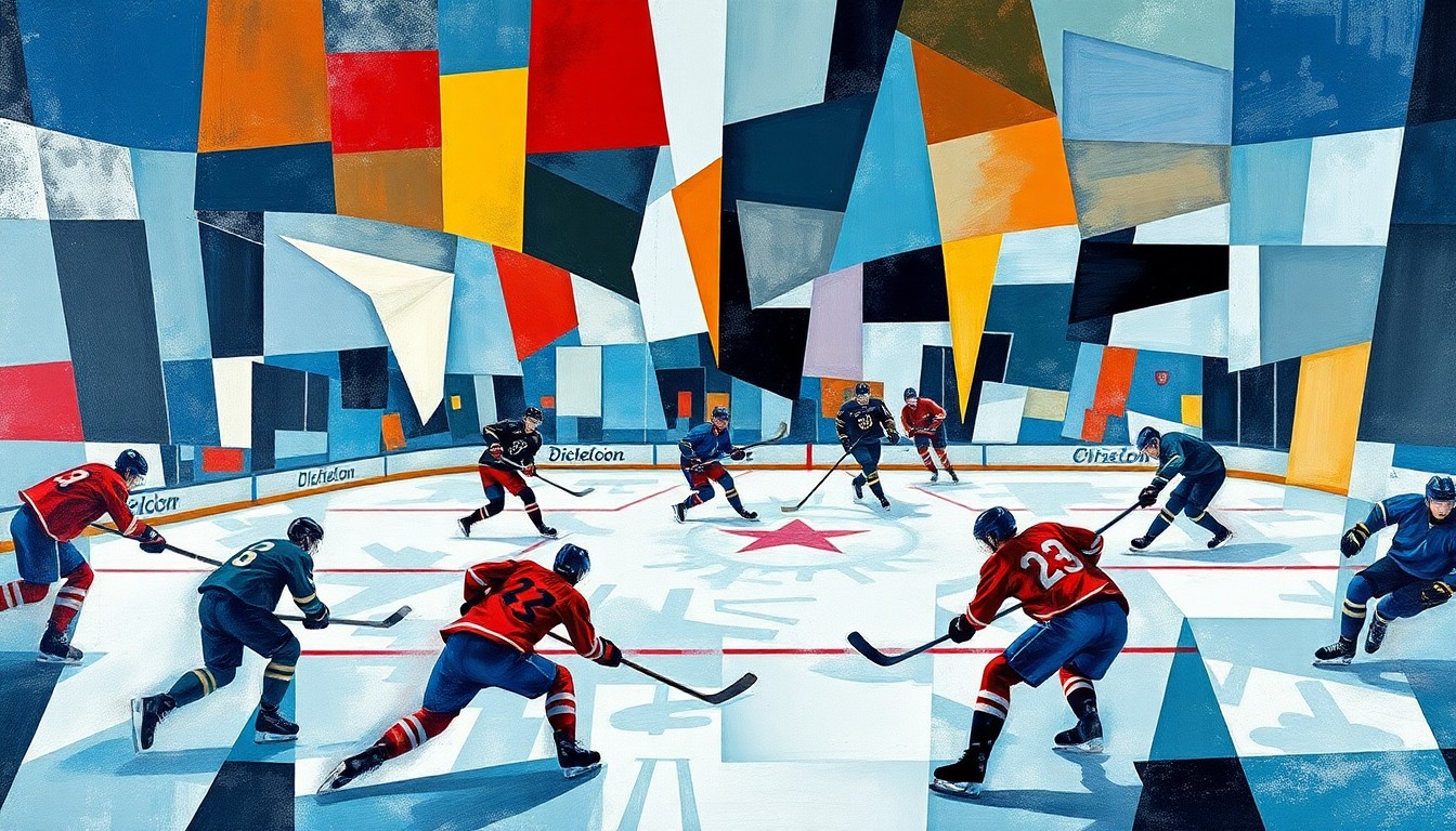 A fractured, multi-perspective painting breaking down a hockey game into sharp, overlapping geometric planes of color, capturing the dynamic motion and energy of the sport.