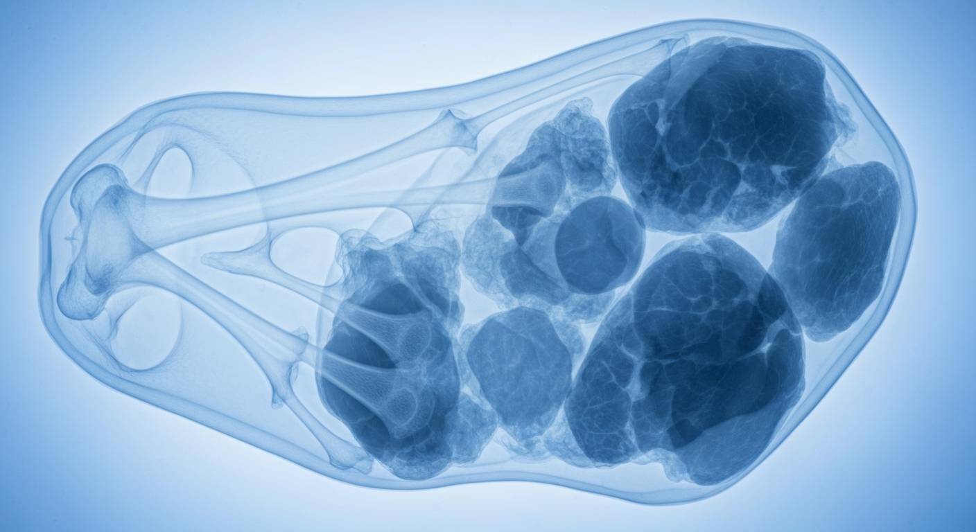 A highly detailed, translucent X-ray photograph of a chicken nugget, showing its internal structure as a ghostly, glowing outline against a dark background, conceptually representing the investigation into the product's safety.