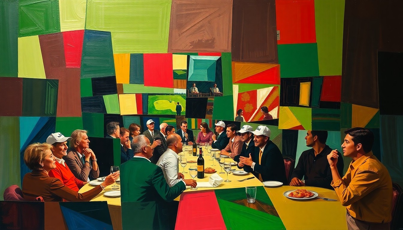 A cubist-style painting depicting a fragmented, multi-angled scene of golfers gathered around a table, their forms and faces broken down into sharp, overlapping geometric shapes in a palette of greens, reds, and browns, conveying the energy and camaraderie of the exclusive annual event.