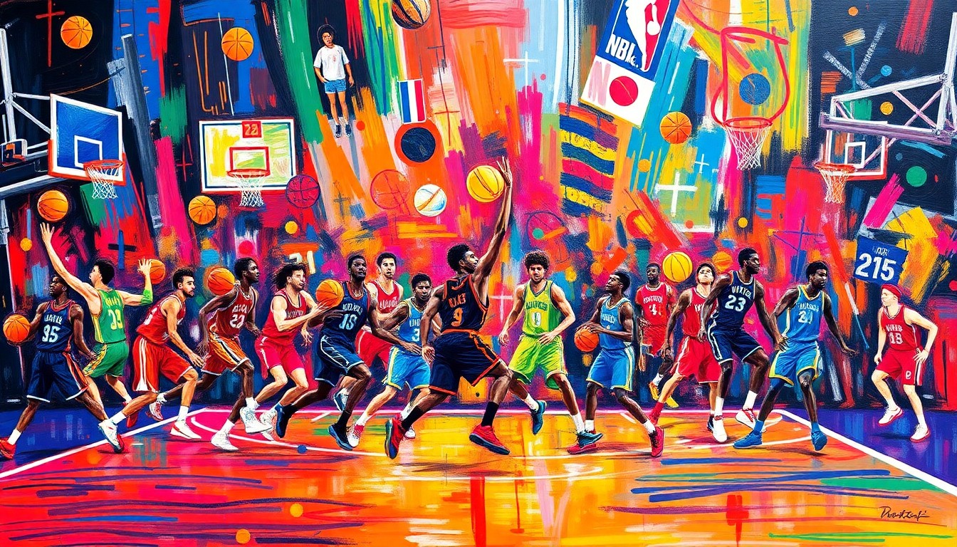 An abstract, energetic painting in the style of LeRoy Neiman, featuring a chaotic mix of neon-colored basketball players, hoops, and court lines, conceptually representing the excitement and community spirit of the charity event.