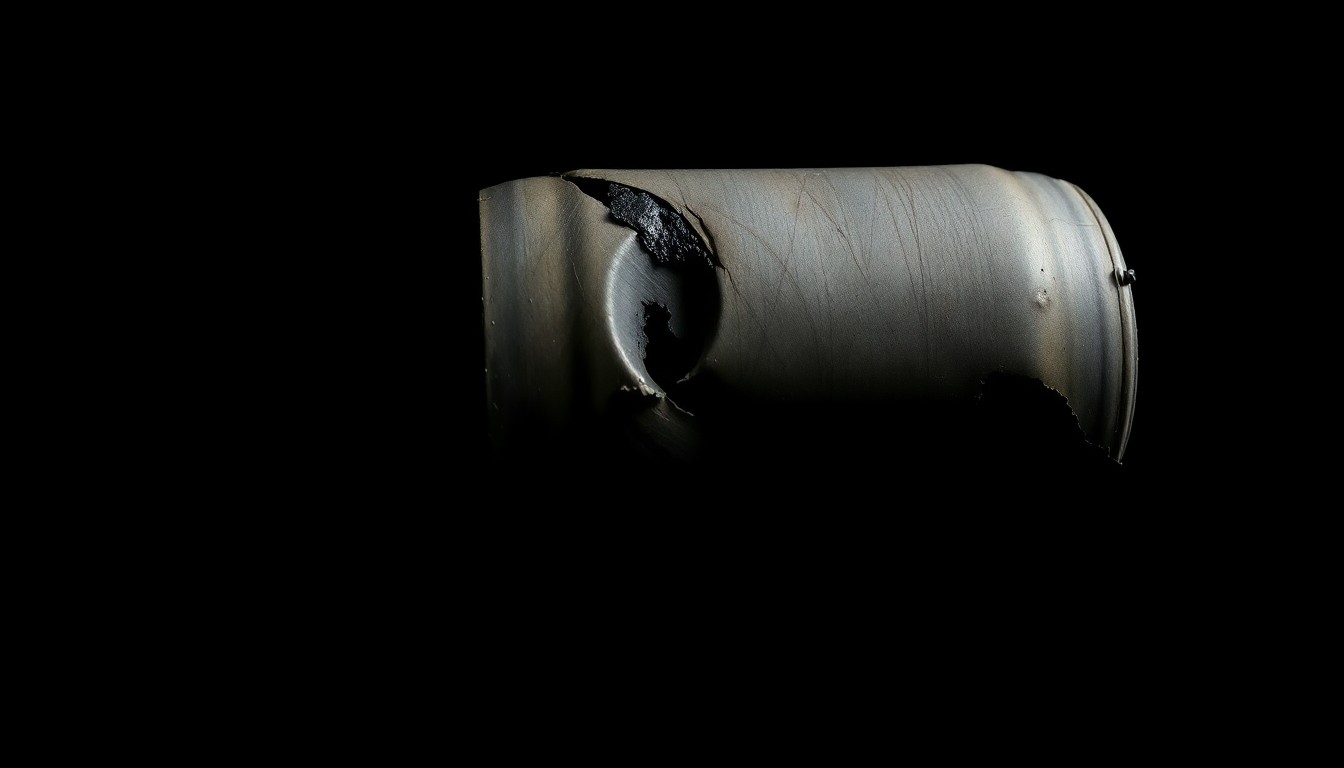 An extreme close-up photograph of a damaged catalytic converter, its metal surface and internal components visible in stark detail against a pitch-black background, conveying the serious, investigative nature of this property crime.