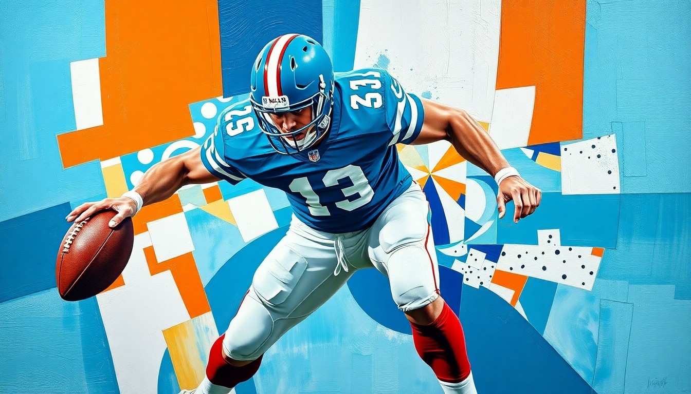 A fragmented, geometric painting depicting a football player in the act of rushing the passer, with sharp planes of aqua blue, orange, and white overlapping to create a dynamic, abstract composition.