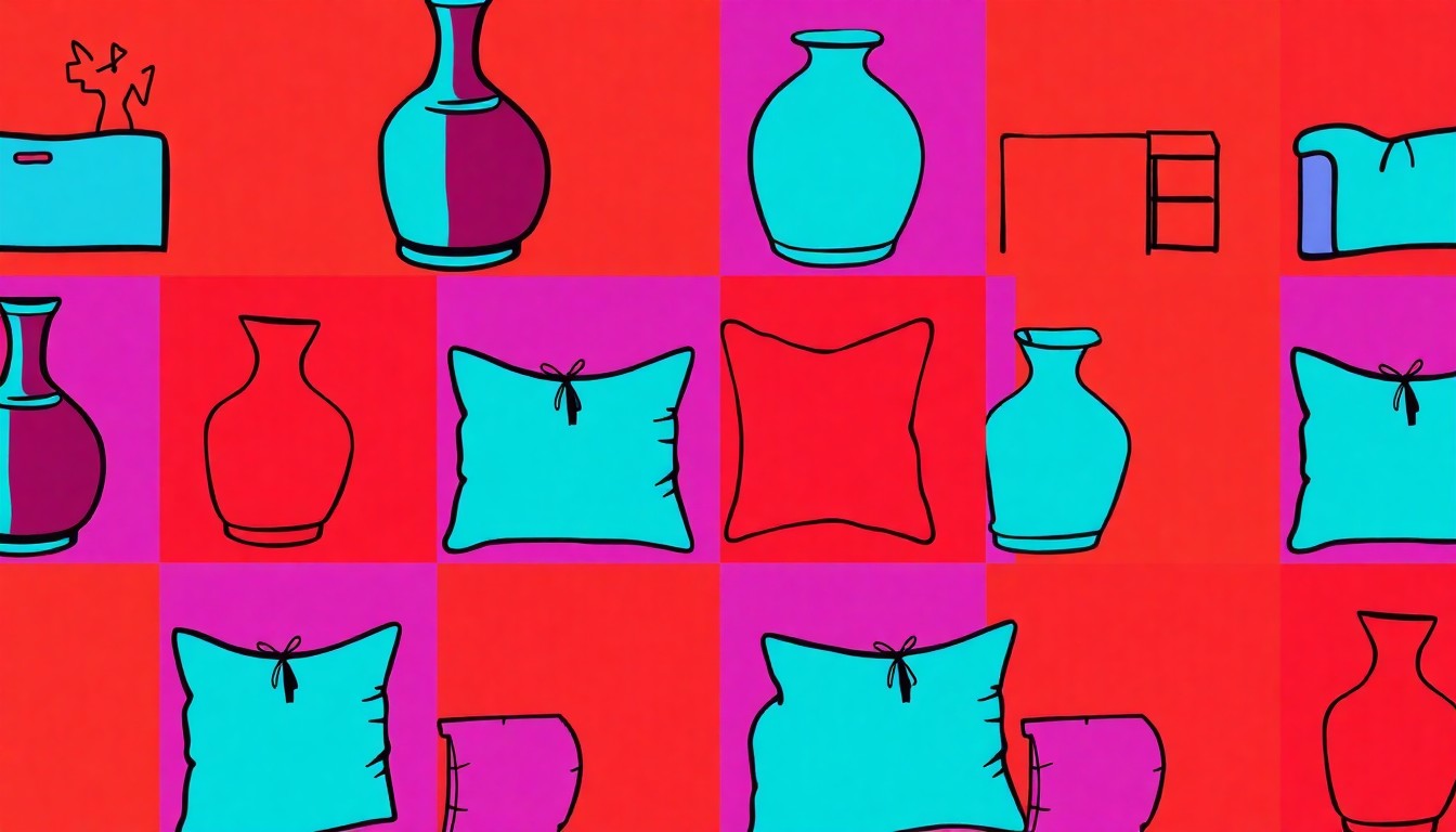 A brightly colored, high-contrast silkscreen print of a decorative vase or other iconic interior design object, repeated in a tight grid pattern to create a modern pop art representation of Pol Theis' acclaimed design work.