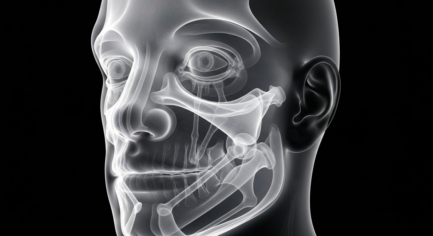 A ghostly, translucent X-ray photograph revealing the intricate bone and muscle structure of a human face, highlighting the precision and artistry of facial cosmetic surgery.