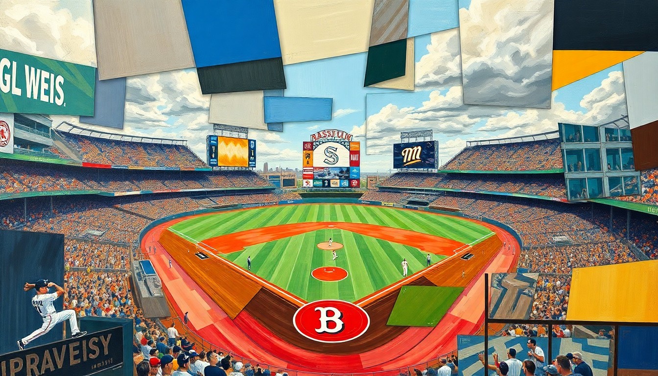 A fragmented, geometric painting depicting the chaotic energy of a baseball game, with players and the field broken down into sharp, overlapping shapes and planes of color.