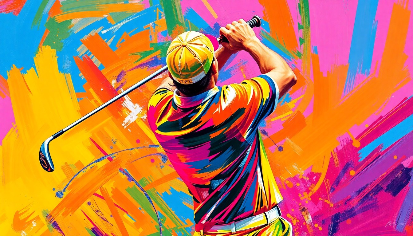 An abstract, energetic painting in bold neon colors, with rapid brushstrokes capturing the dynamic motion of a golfer's swing, conveying the excitement and intensity of the Masters tournament.