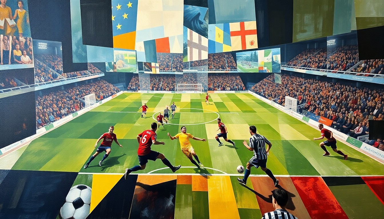 A fragmented, geometric painting depicting the dynamic movements and energy of a soccer match, with players and the ball rendered in sharp, overlapping planes of color.