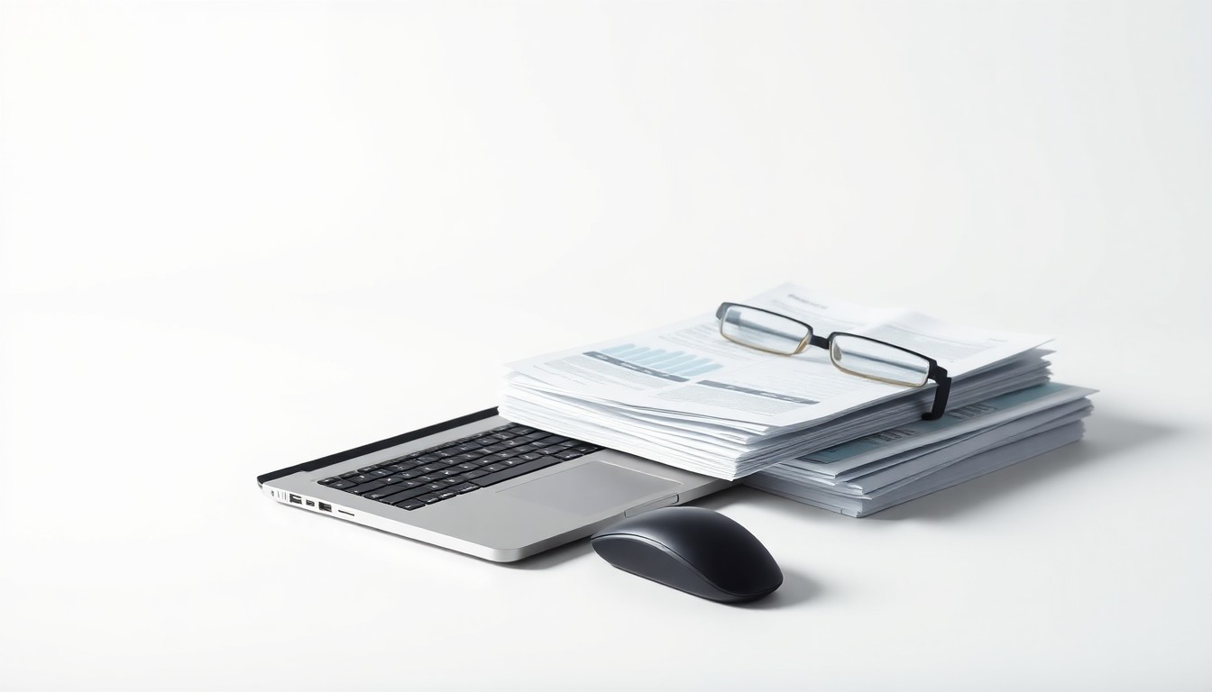A high-end, photorealistic studio still-life photograph featuring a polished metal laptop, a sleek wireless mouse, and a stack of financial documents arranged elegantly on a clean, white seamless background. The objects are lit dramatically with sharp shadows, conceptually representing the abstract concepts of corporate strategy, finance, and risk management.