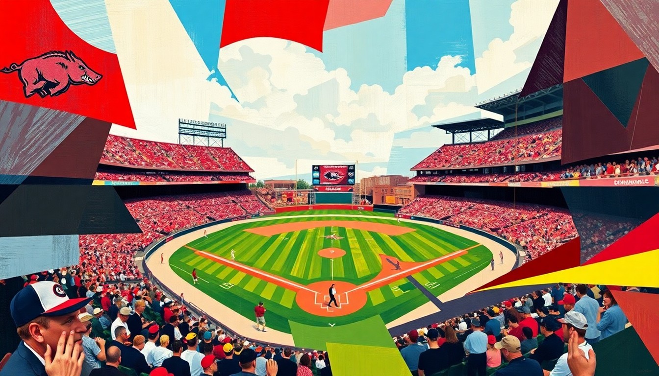 A cubist, geometric illustration featuring overlapping planes of red, white, and gray, representing the action and energy of a college baseball game between two teams.