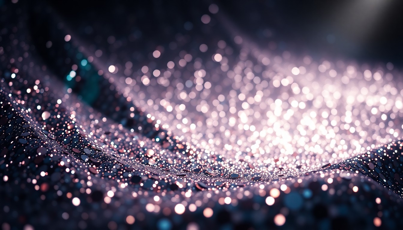 An extreme, abstract close-up photograph of shimmering, glittering sequins in dramatic, high-contrast studio lighting, conveying the luxurious, high-fashion aesthetic of the music industry.