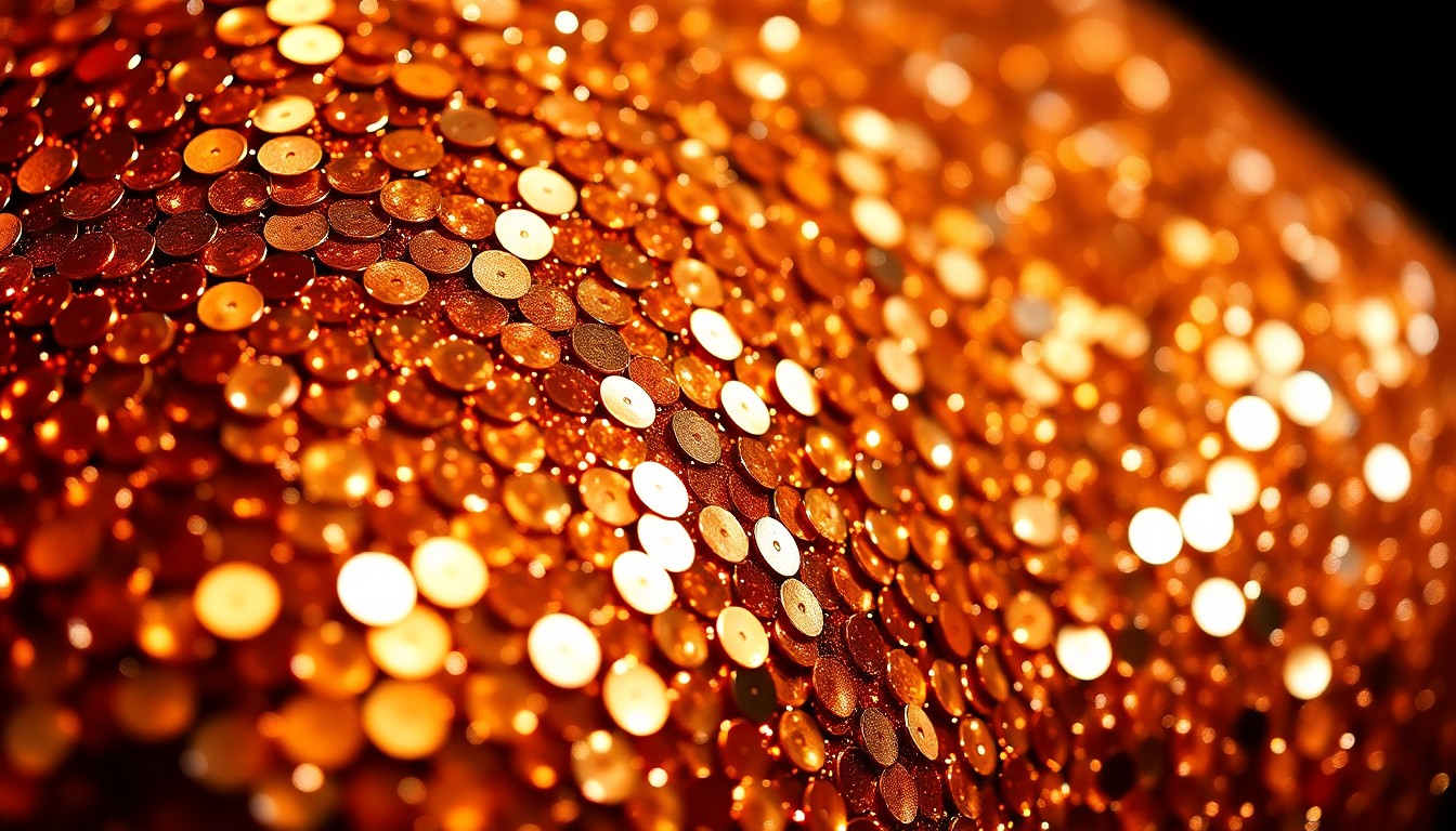 An extreme close-up of shimmering bronze sequins and glittering disco-ball textures, captured in dramatic high-contrast studio lighting to create a glamorous, high-fashion aesthetic.