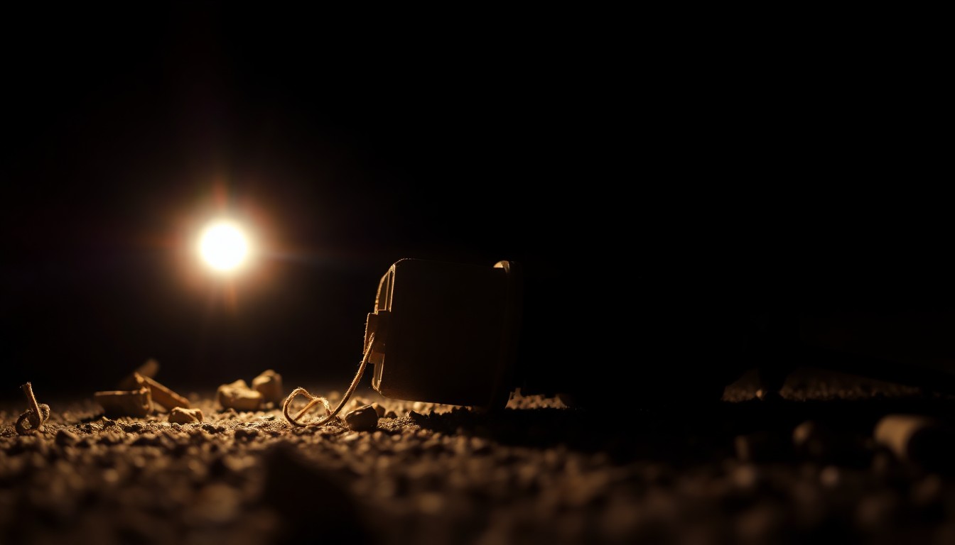 An extreme close-up photograph of a damaged car sensor or piece of farm equipment debris, reflecting a harsh, direct camera flash and creating a stark, gritty, investigative aesthetic to conceptually illustrate the aftermath of a drunk driving incident on a rural farm.