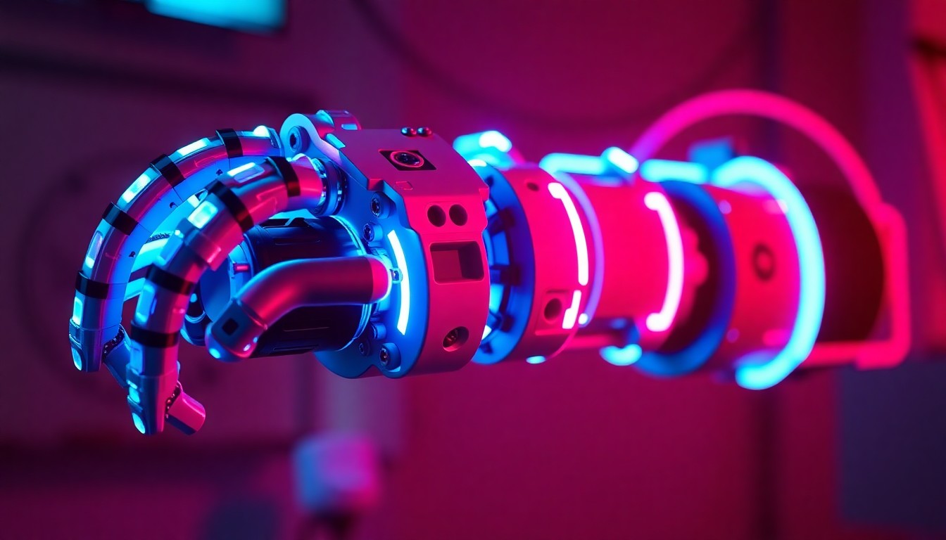 A highly detailed, glowing 3D macro illustration of a complex robotic arm with neon cyan and magenta lights, conceptually representing the advanced technology and innovation at the heart of the summer robotics camps.