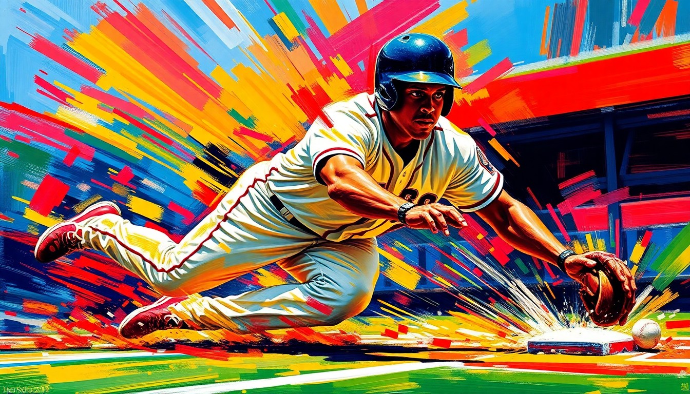 An abstract painting with vibrant neon brushstrokes depicting the dynamic motion and raw athleticism of a baseball player sliding into home plate, the player's face and uniform obscured, capturing the explosive energy of the moment.