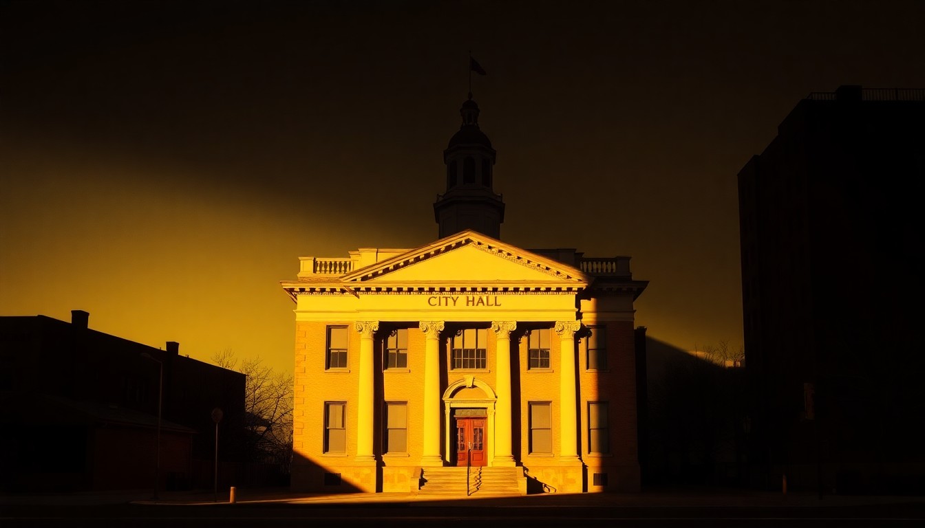 A photorealistic painting of a government building in Buffalo, New York, with warm sunlight casting deep shadows across the facade, conveying a sense of quiet contemplation and civic responsibility.