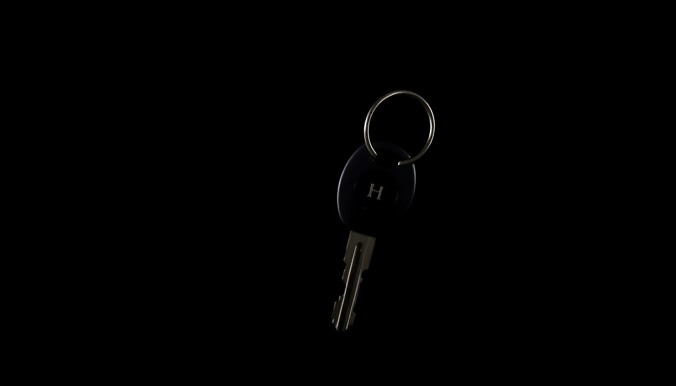 An extreme close-up photograph of a vintage car key, the metal surface reflecting the harsh light of the camera flash against a pitch-black background, conceptually representing the investigation into financial fraud at a nonprofit organization.