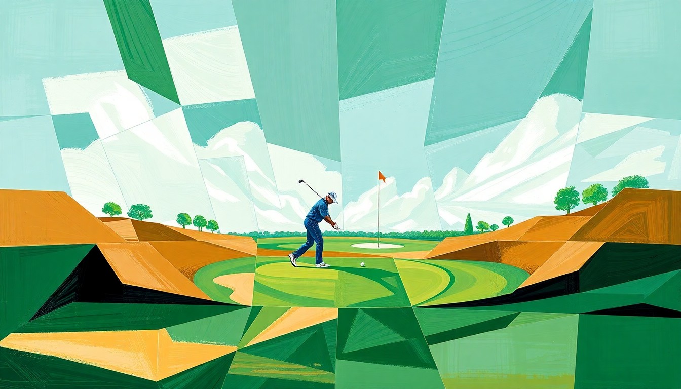 A cubist, geometric painting depicting a golf competition, with overlapping shapes and planes in shades of green, tan, and blue, conveying the dynamic energy and multiple perspectives of the sport.