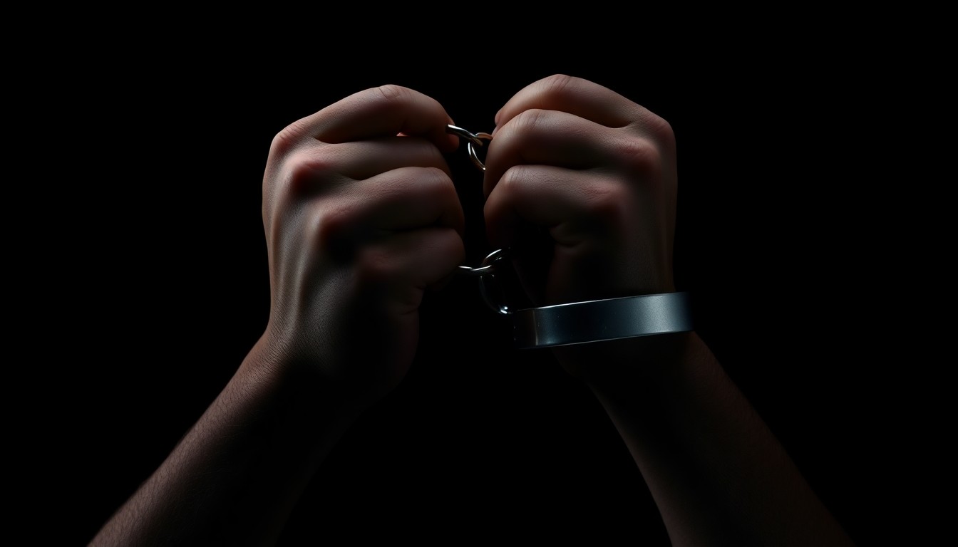 An extreme close-up photograph of a pair of handcuffed hands against a stark black background, the harsh flash illuminating the textured skin and metal cuffs in a dramatic, investigative style.