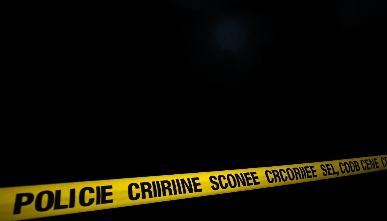 An extreme close-up photograph of yellow and black police crime scene tape against a pitch-black background, creating a stark, gritty, investigative aesthetic.