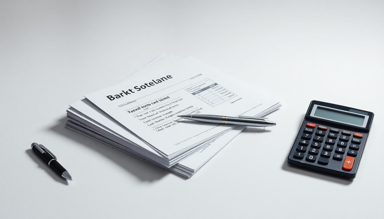 A minimalist studio still life photograph featuring a stack of bank statements, a pen, and a calculator arranged elegantly on a clean white background, conceptually representing the financial details and strategic planning behind the merger of two community banks.