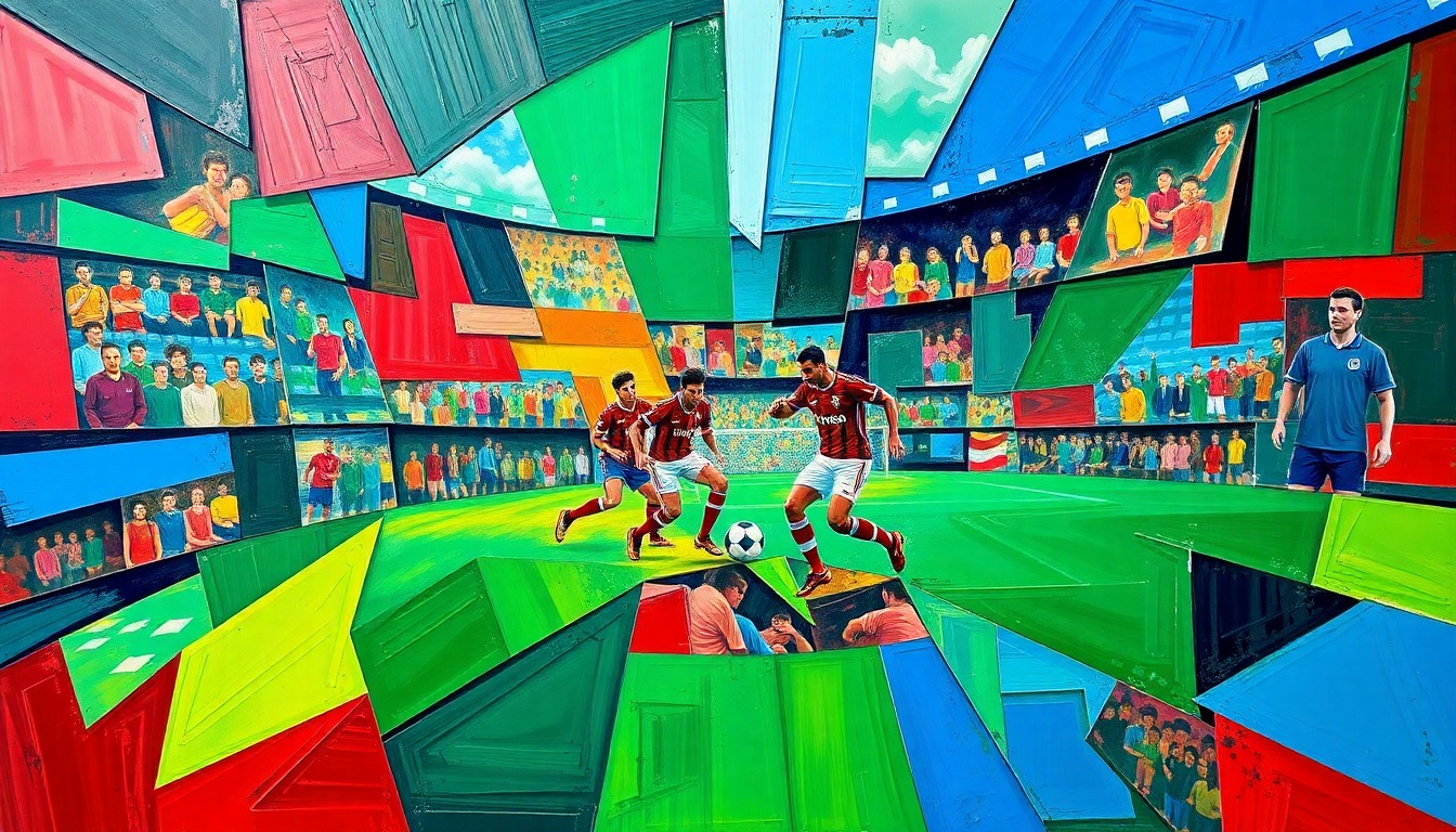 A cubist, geometric painting depicting the intense action and movement of a high-energy soccer match, with sharp, overlapping planes of emerald green, royal blue, and crimson red.