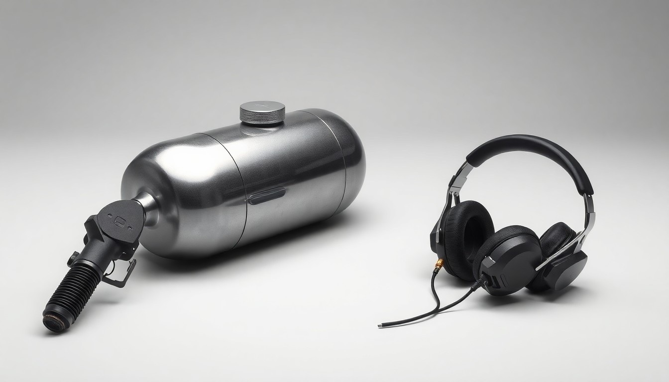 A photorealistic studio still-life image featuring a polished metal fuel tank, a fuel nozzle, and a set of aviation headphones arranged on a clean, monochromatic background, conceptually representing the airport's investment in infrastructure to support the local and regional aviation industry.